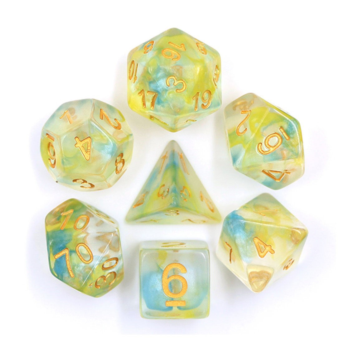 Yellow and Blue 7 pc Vapor Translucent Dice Set With Swirls